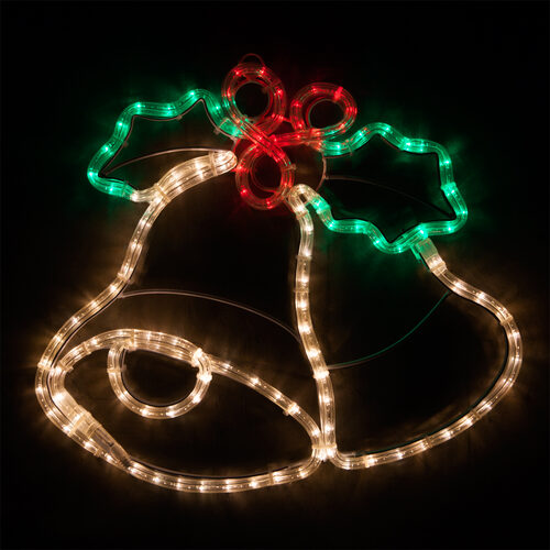 Wintergreen Lighting 20-inch LED Christmas bells decoration with two illuminated bells, green holly leaves, red berries and steady rope lights.