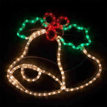 Wintergreen Lighting 20-inch LED Christmas bells decoration with two illuminated bells, green holly leaves, red berries and steady rope lights.
