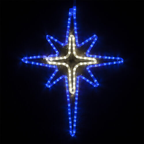 Wintergreen Lighting 28-inch blue LED Bethlehem Star with cool white cross center, 149 steady lights and eight-point design.