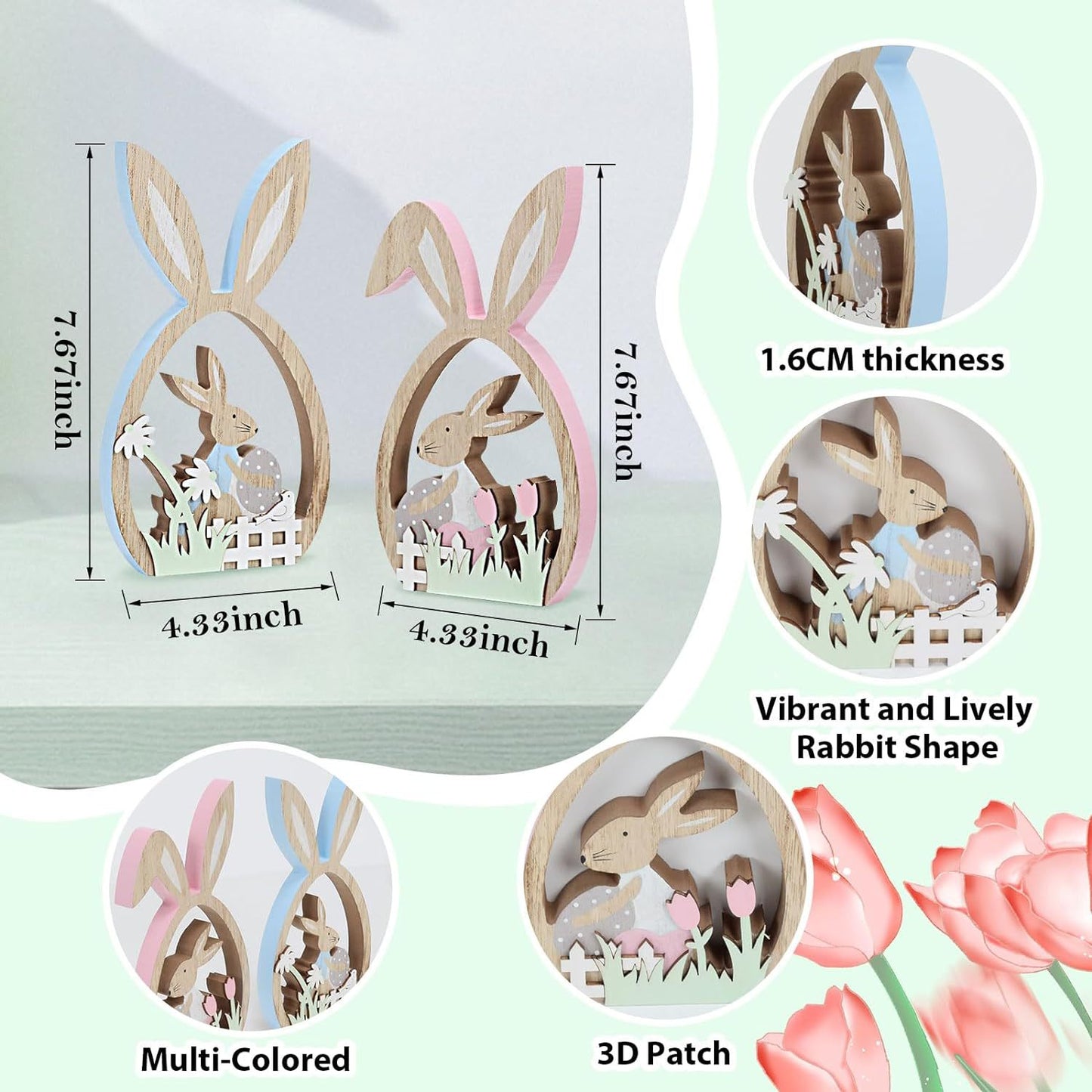 2 Pcs Easter Wooden Decorative Egg & Bunnies