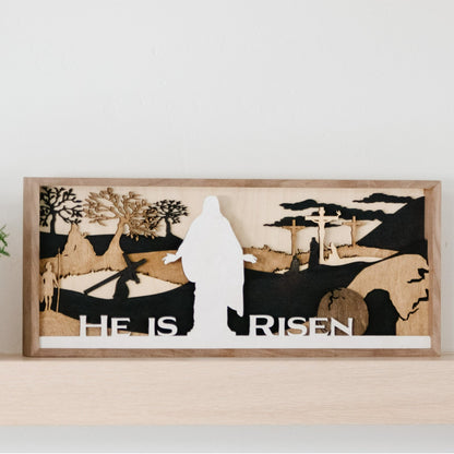 “He Is Risen” 3D Boxwood Shadow Box – Easter Faith Décor