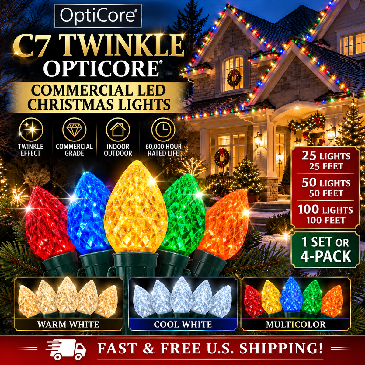 C7 Twinkle OptiCore commercial LED Christmas lights in Warm White, Cool White and Multicolor