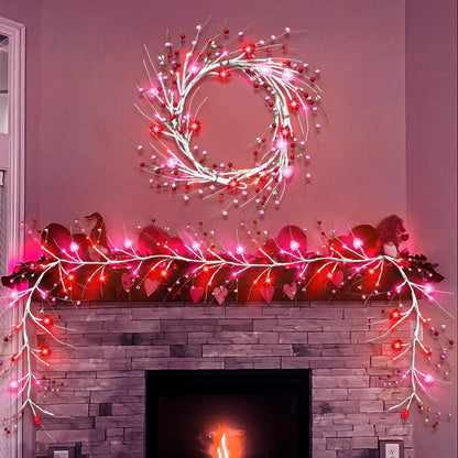 6 Ft Berry Branch Rattan Garland with Lighted Hearts