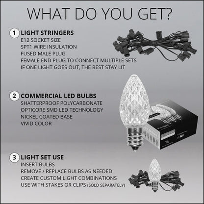 An informational graphic titled 'WHAT DO YOU GET?' showing included light stringers, commercial LED bulbs, and use instructions on a gray background.
