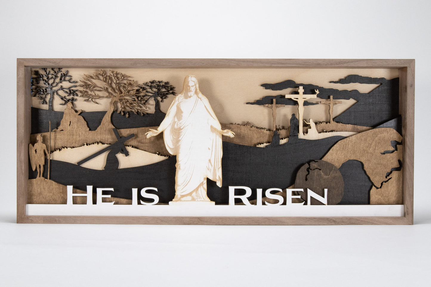 “He Is Risen” 3D Boxwood Shadow Box – Easter Faith Décor