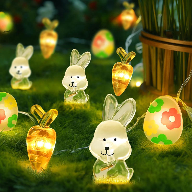Decorative Easter string lights featuring bunny and carrot 