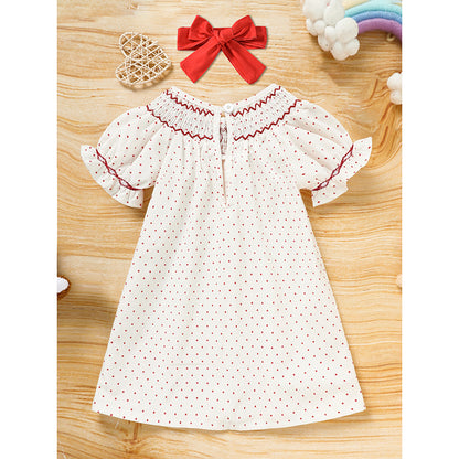 Baby Girl Valentine's Day Dress Short Sleeve Red Heart Embroidery with Headband
