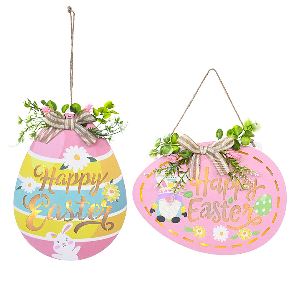 Easter Egg Shaped Wood Hanging Signs with Fabric Bow & Greenery