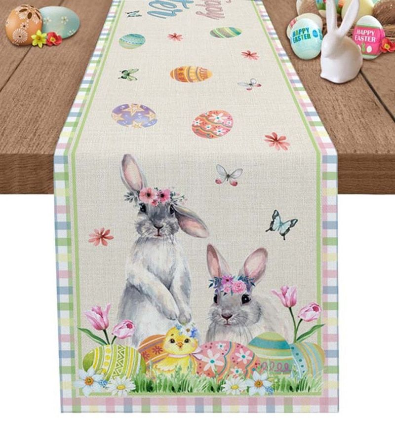 Easter-themed table runner with bunnies and eggs cotton linen blend