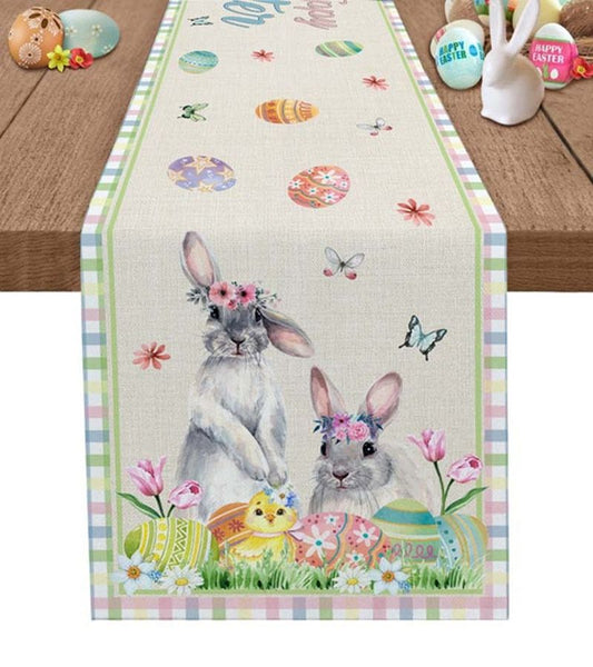 Easter-themed table runner with bunnies and eggs cotton linen blend