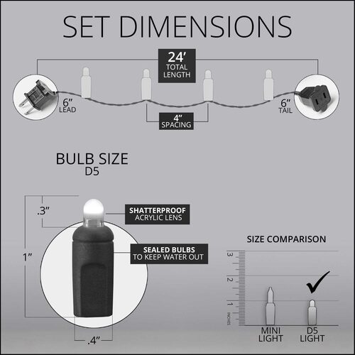 Lux360 D5 Christmas string light dimensions with 4-inch bulb spacing and 24-foot total length