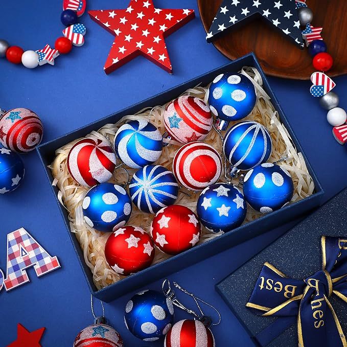 Patriotic Hanging Ornament Set – 32 Red, White & Blue Balls