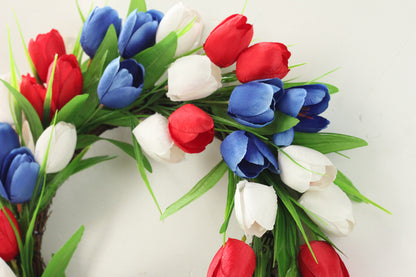 Red, White & Blue Tulip Wreath – 16” Patriotic Door Décor