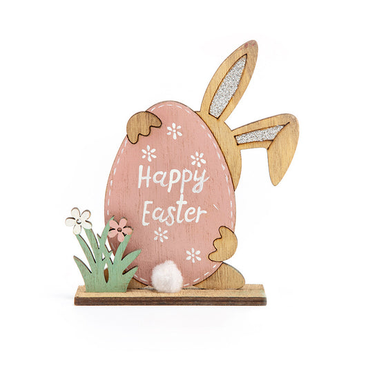 Standing Wood Easter Bunny with Pink Egg Décor