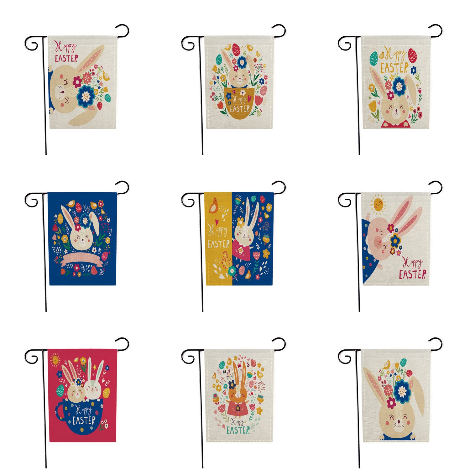 Easter-themed garden flags with colorful designs featuring bunnies and flowers.