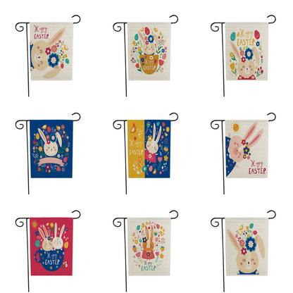 Easter-themed garden flags with colorful designs featuring bunnies and flowers.