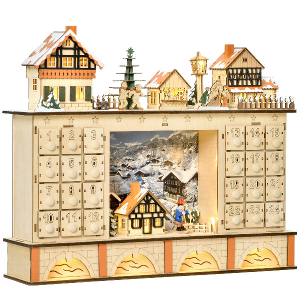 Lighted Wooden Christmas Village Advent Calendar with 24 Drawers – product image