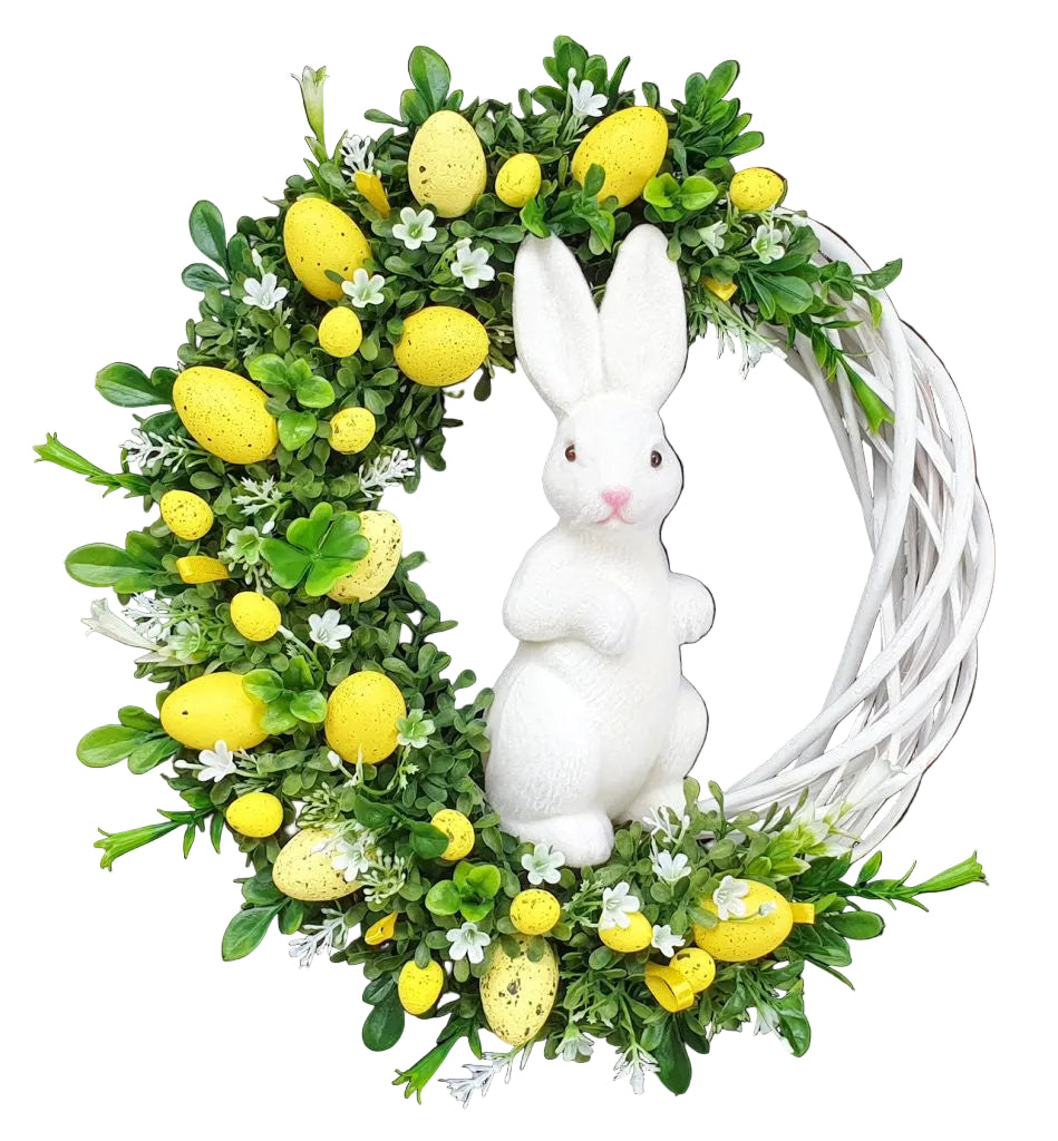 Grapevine Easter wreath with colorful eggs and a white bunny silhouette 
