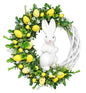 Grapevine Easter wreath with colorful eggs and a white bunny silhouette 