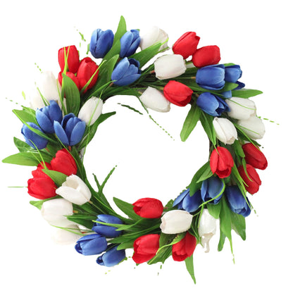 Red, White & Blue Tulip Wreath – 16” Patriotic Door Décor