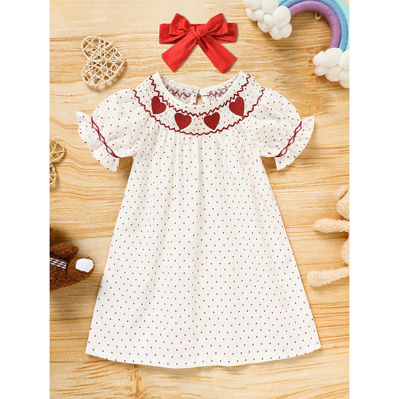 Baby Girl Valentine's Day Dress Short Sleeve Red Heart Embroidery with Headband