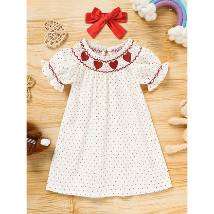 Baby Girl Valentine's Day Dress Short Sleeve Red Heart Embroidery with Headband