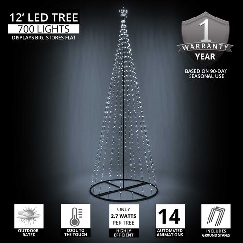 Giant 12 Ft cool white animated LED Christmas light show tree with 700 lights and illuminated star topper specs
