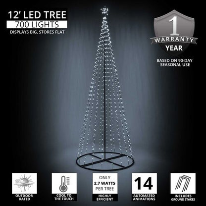 Giant 12 Ft cool white animated LED Christmas light show tree with 700 lights and illuminated star topper specs