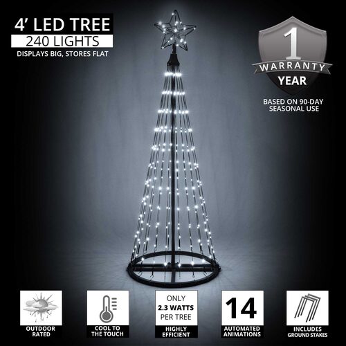 Wintergreen Lighting 4 Ft cool white LED Christmas light show tree product graphic showing 240 lights and 14 animated effects.