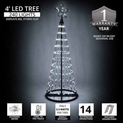 Wintergreen Lighting 4 Ft cool white LED Christmas light show tree product graphic showing 240 lights and 14 animated effects.