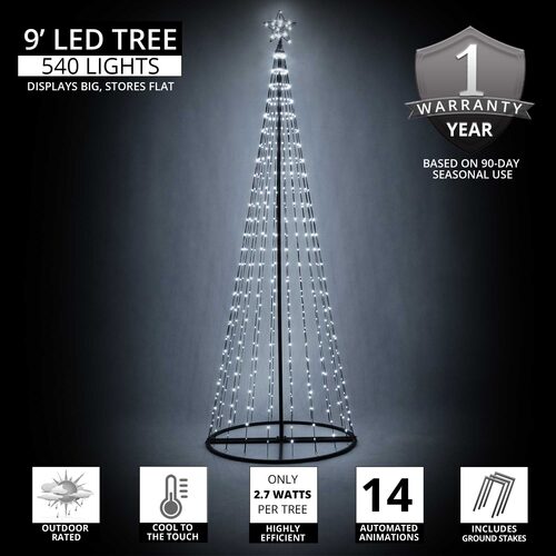 9 Ft cool white LED animated Christmas light show tree by Wintergreen Lighting with 540 lights and 14 light show effects.