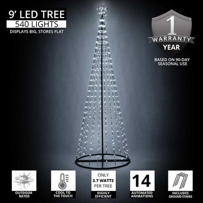 9 Ft cool white LED animated Christmas light show tree by Wintergreen Lighting with 540 lights and 14 light show effects.