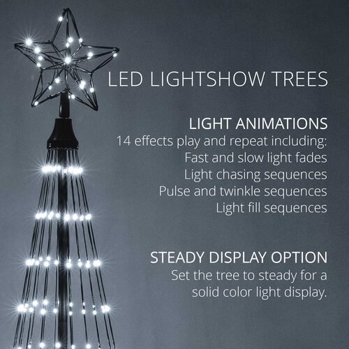 Cool white animated LED Christmas light show tree graphic explaining 14 lighting animations and steady-light display option.
