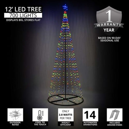Wintergreen Lighting 12 Ft LED Christmas light show tree product graphic featuring 700 multicolor lights and 14 animated effects.