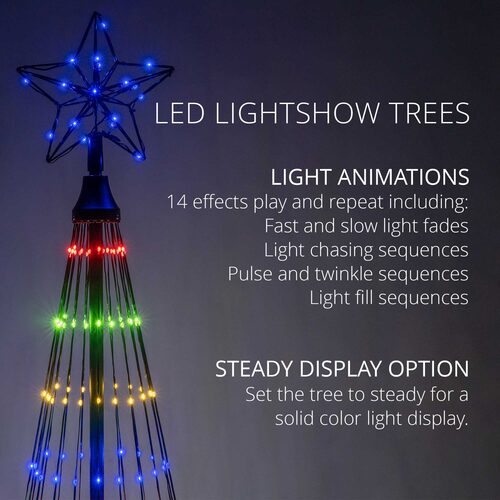 Wintergreen Lighting animated LED Christmas tree graphic explaining 14 light show animations and steady-light display option.