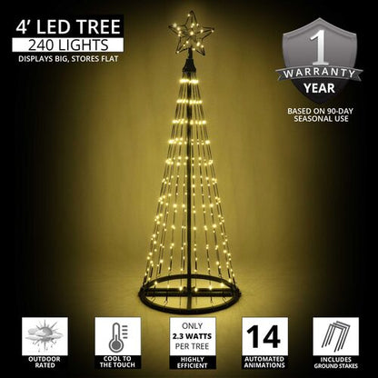 4 Ft warm white animated LED Christmas light show tree with 240 lights and glowing star topper specs