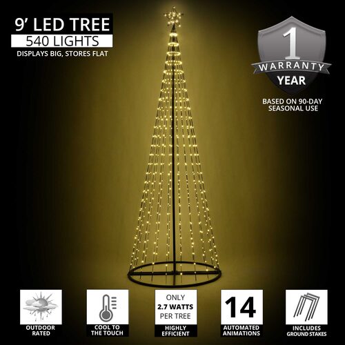 Wintergreen Lighting 9 Ft Warm White Animated LED Christmas Light Show Tree featuring 540 LED lights, 14 animated lighting effects, and a glowing star topper.