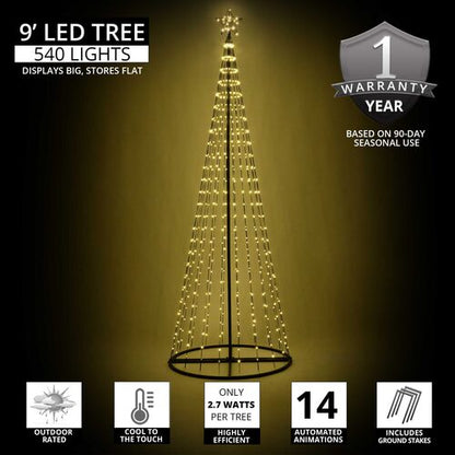 Wintergreen Lighting 9 Ft Warm White Animated LED Christmas Light Show Tree featuring 540 LED lights, 14 animated lighting effects, and a glowing star topper.