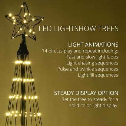 Wintergreen Lighting warm white animated LED Christmas light show tree graphic demonstrating 14 lighting effects and steady-light option.