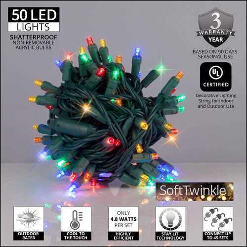 Wintergreen Lighting 50 LED Multicolor SoftTwinkle Christmas string lights, 17 ft, green wire