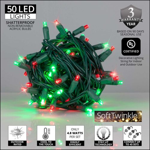 50 LED red and green SoftTwinkle Christmas string lights by Wintergreen Lighting with green wire