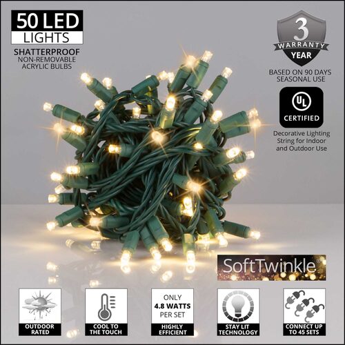 50 LED warm white SoftTwinkle Christmas lights coiled on green wire with Wintergreen Lighting product features