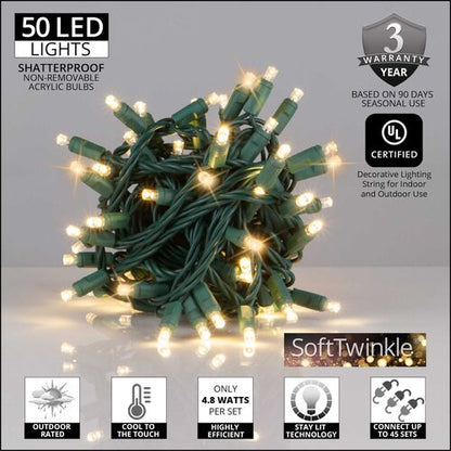 50 LED warm white SoftTwinkle Christmas lights coiled on green wire with Wintergreen Lighting product features