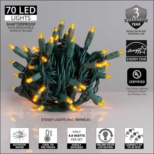 70 LED 5mm wide angle gold Christmas string lights on green wire