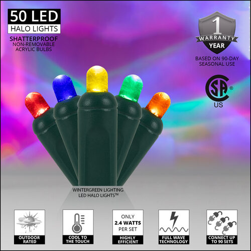 50 LED Halo multicolor Christmas string lights on green wire with colorful projected light rings