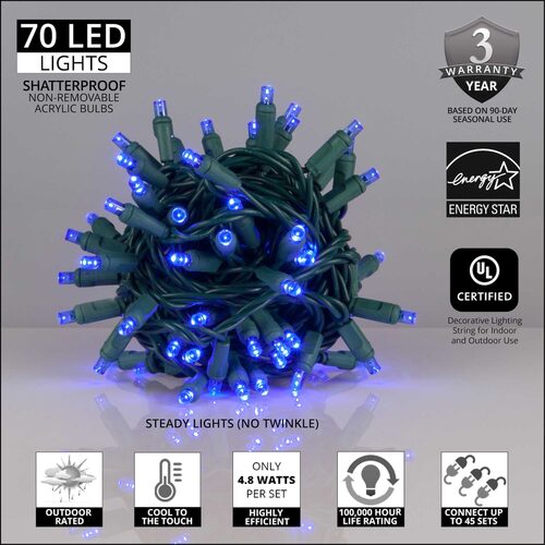70 LED 5mm wide angle blue Christmas string lights on green wire