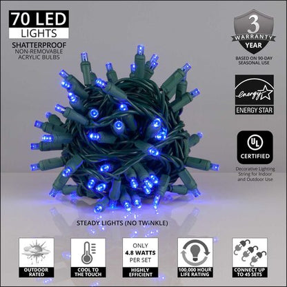 70 LED 5mm wide angle blue Christmas string lights on green wire