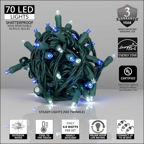 70 LED 5mm wide angle blue and white Christmas string lights on green wire