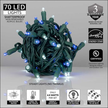 70 LED 5mm wide angle blue and white Christmas string lights on green wire