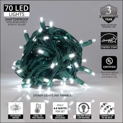 70 LED 5mm wide angle cool white Christmas string lights on green wire